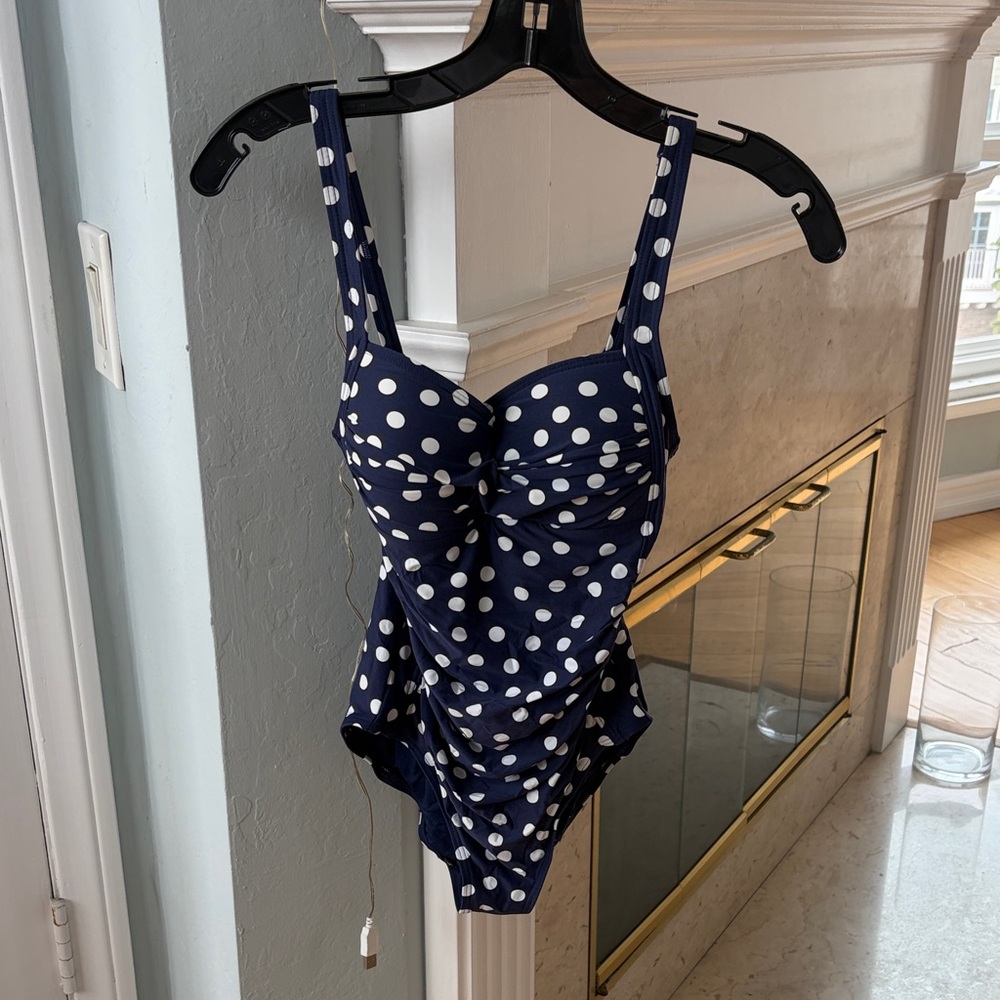 Navy Polka Dot One-Piece Swimsuit with Ruched Front